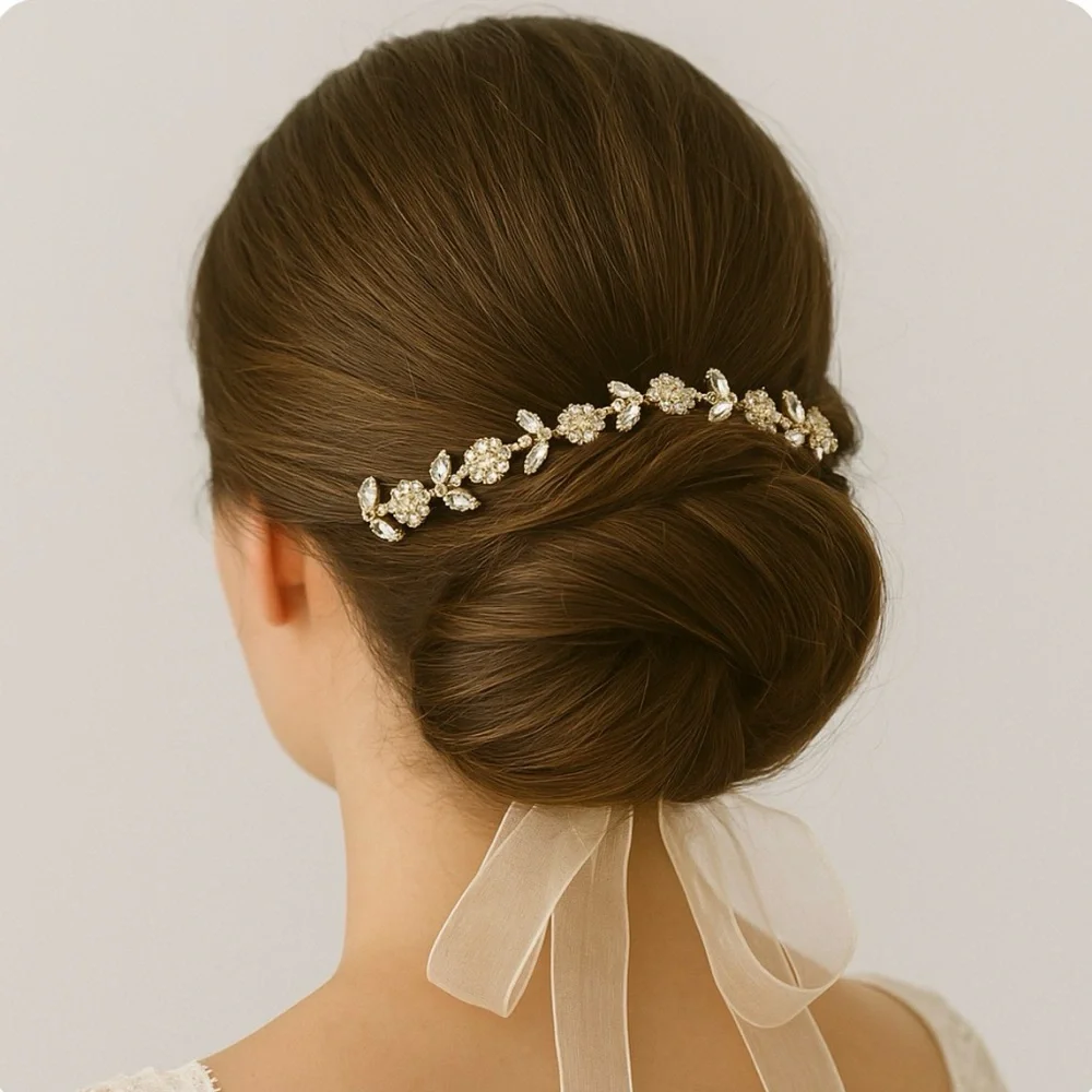 Bridal Rhinestone Hair Accessory with Ivory Ribbon Tie